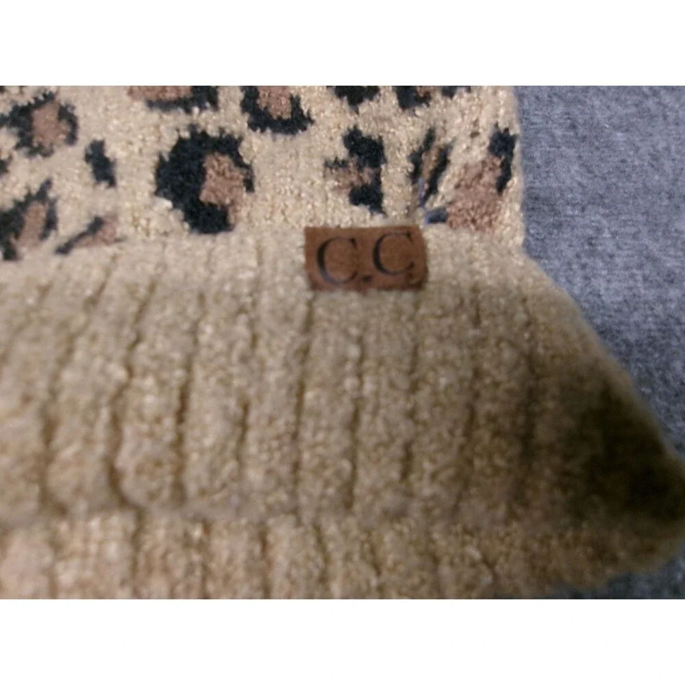 CC Beanie Womens Leopard Print Pom Pom Knit Hat Tan Brown Polyester Cozy Winter